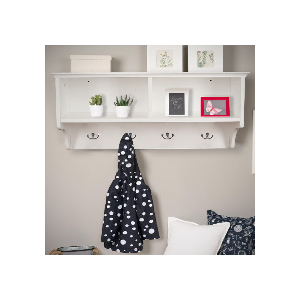 Wall Mounted Coat Hook White 2 Open Shelves 4 Robe Hooks Hallway