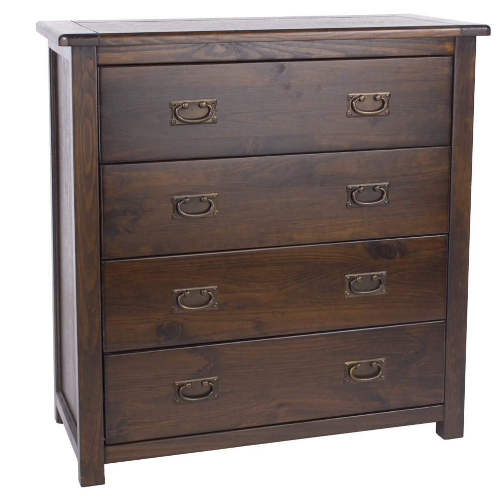 Chest of 4 Drawers Solid Pine Dark Wood Dresser Metal Handles Lacquered Finish