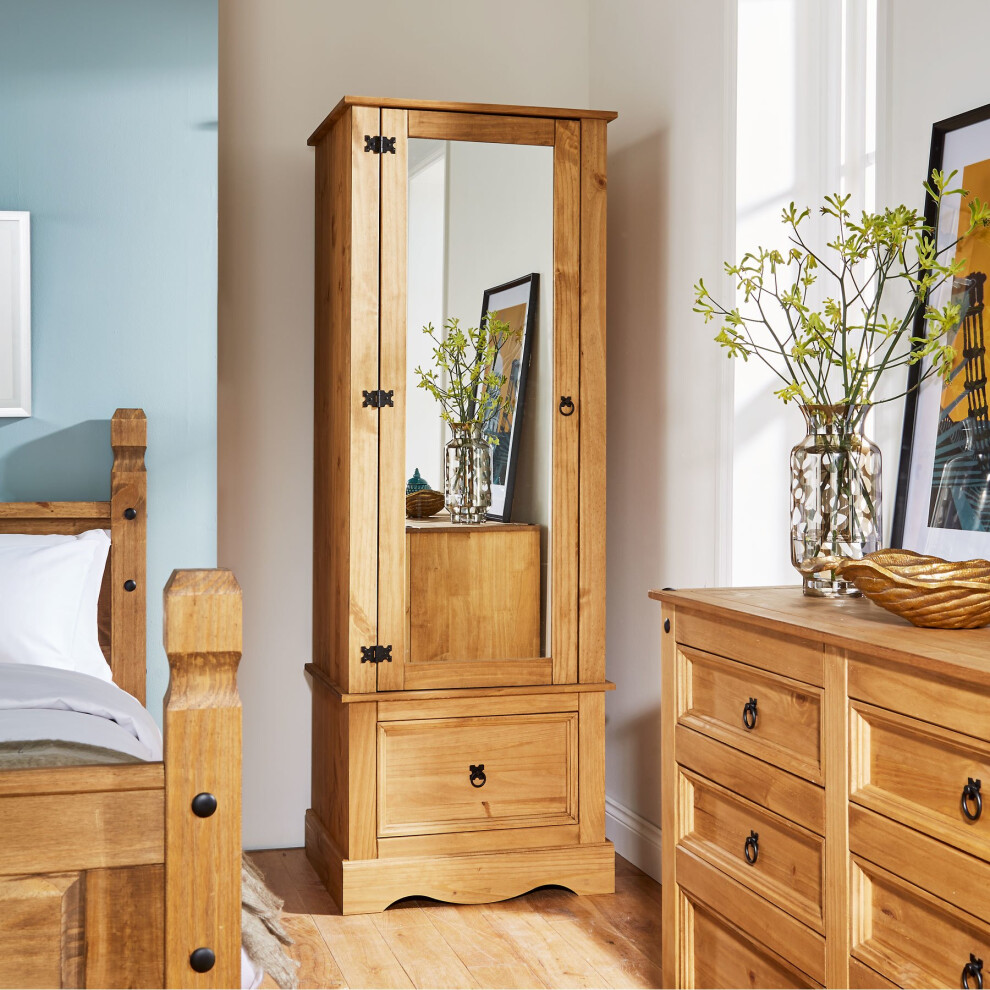 Pine Armoire Wardrobe 1 Door Mirrored 1 Storage Drawer Solid Wood