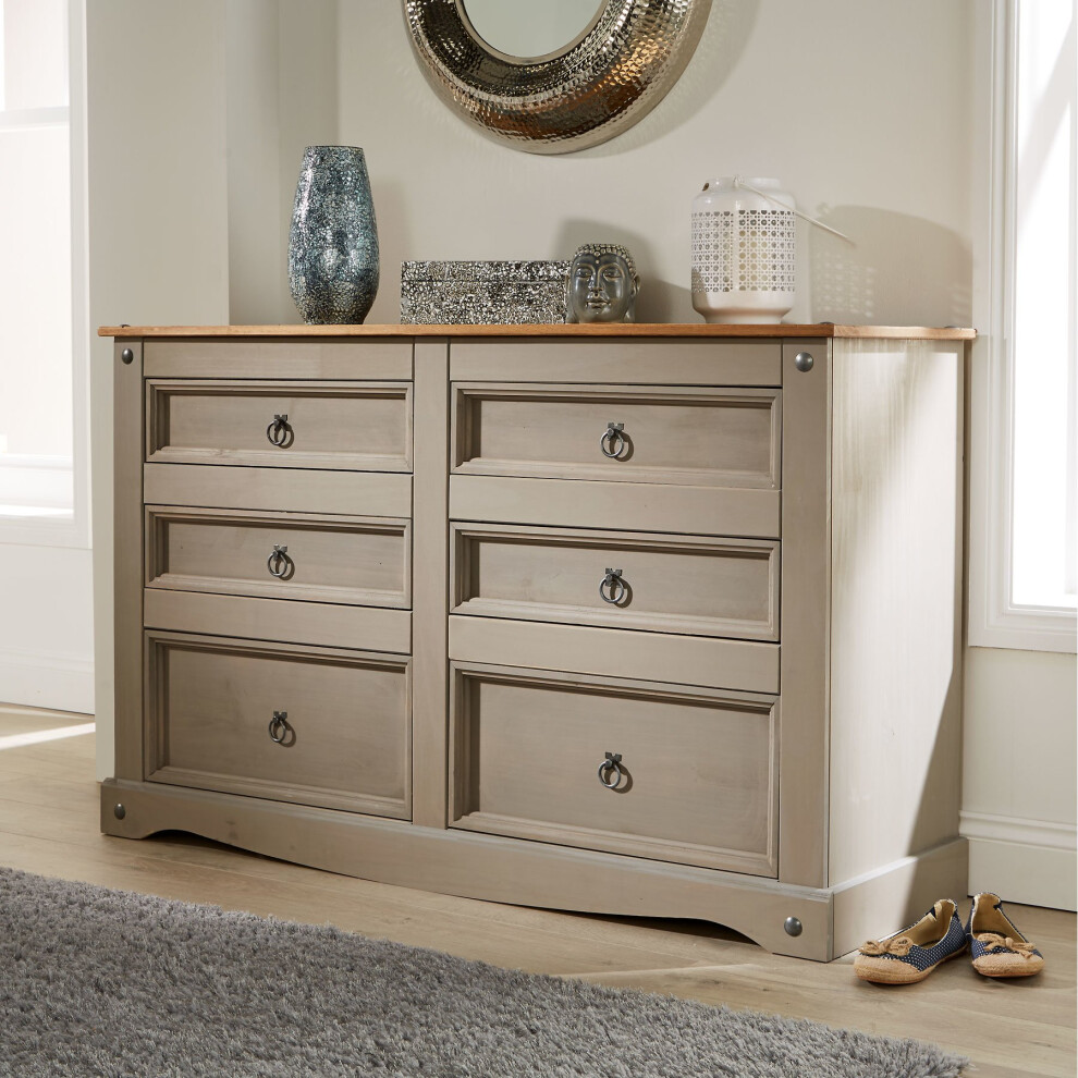 Corona Grey Chest of Drawers Pine 6 Drawer Solid Pine Wooden Sideboard