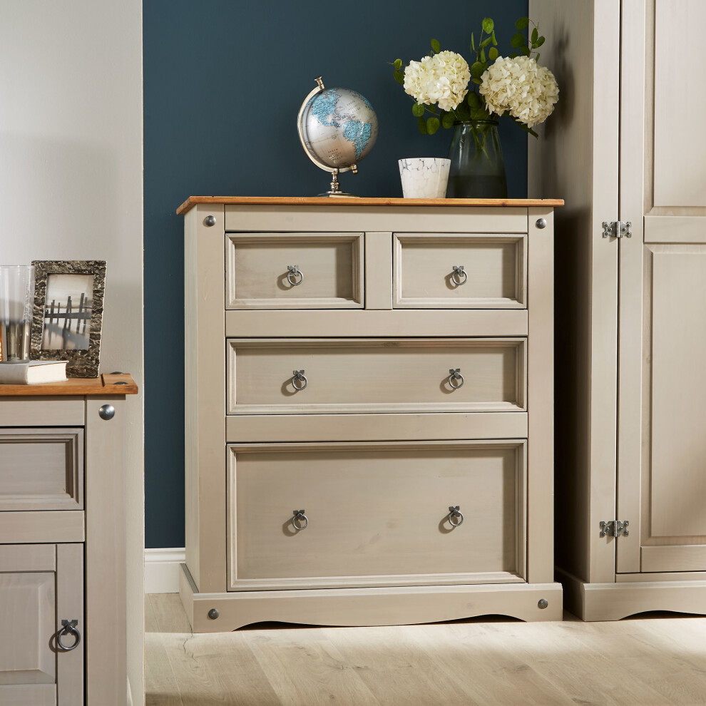 Grey Pine Chest of 4 Drawers Two Tone Solid Mexican Wood 2+2 Drawers