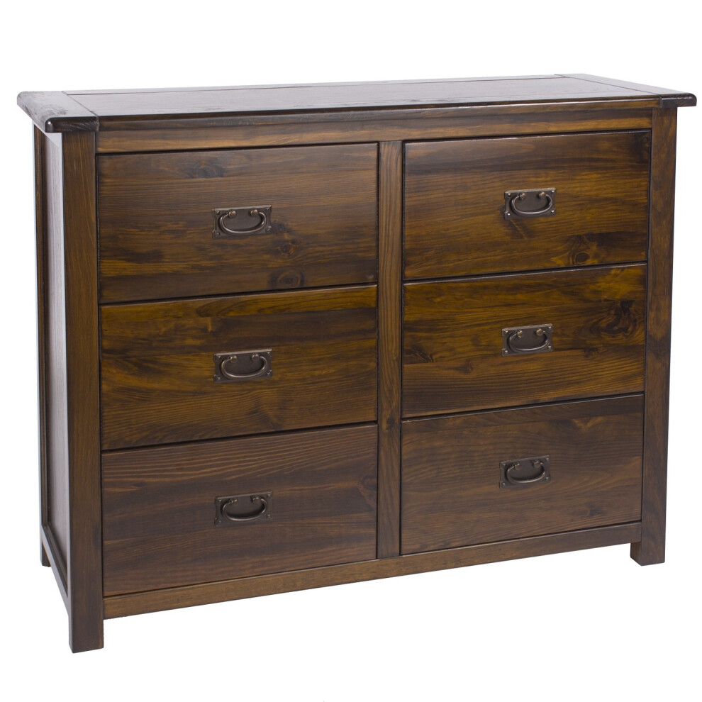 Dark Wood Chest of 6 Drawers Solid Pine Dresser Metal Handles Lacquered Finish