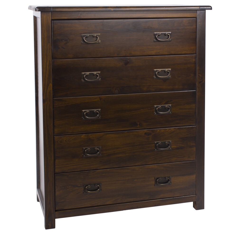 Dark Wood Chest of 5 Drawers Solid Pine Dresser Metal Handles Lacquered Finish