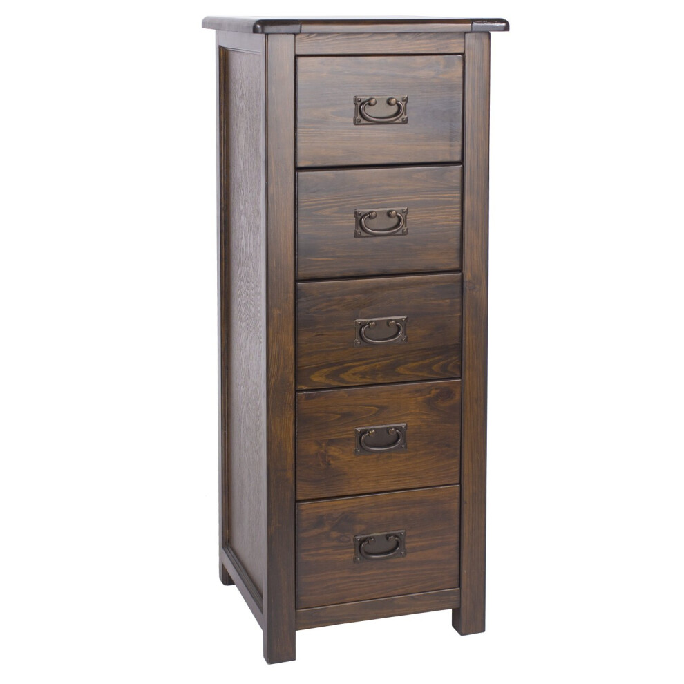 Dark Wood Chest of 5 Drawers Solid Pine Tallboy Metal Handles Lacquered Finish