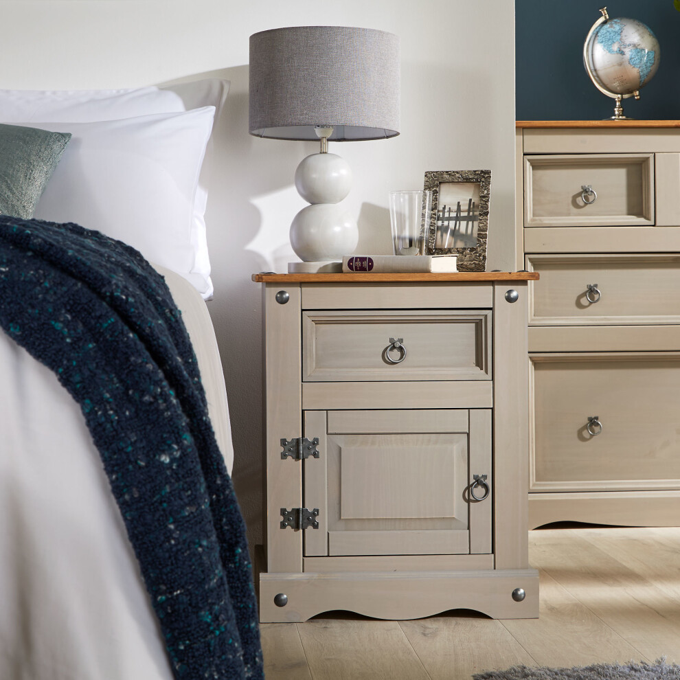 Grey Corona Pine Bedside Cabinet 1 Door 1 Drawer Nightstand Bedside Lamp Table