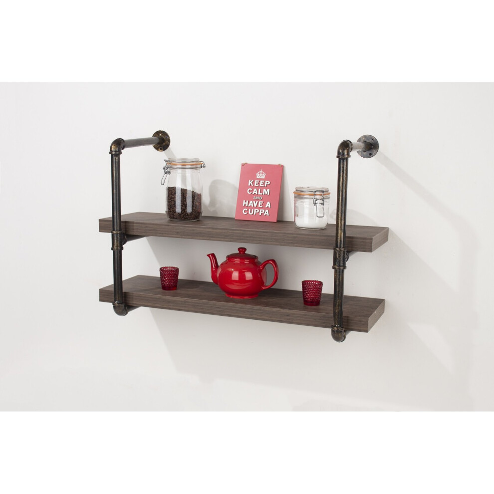 Dark Oak 60cm Wall Mounted Twin Shelf Black Painted Pipe Brackets Wood Finish