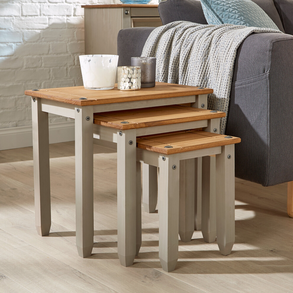 Corona Grey Pine Nest of Tables Set of 3 Occasional Coffee Side Table