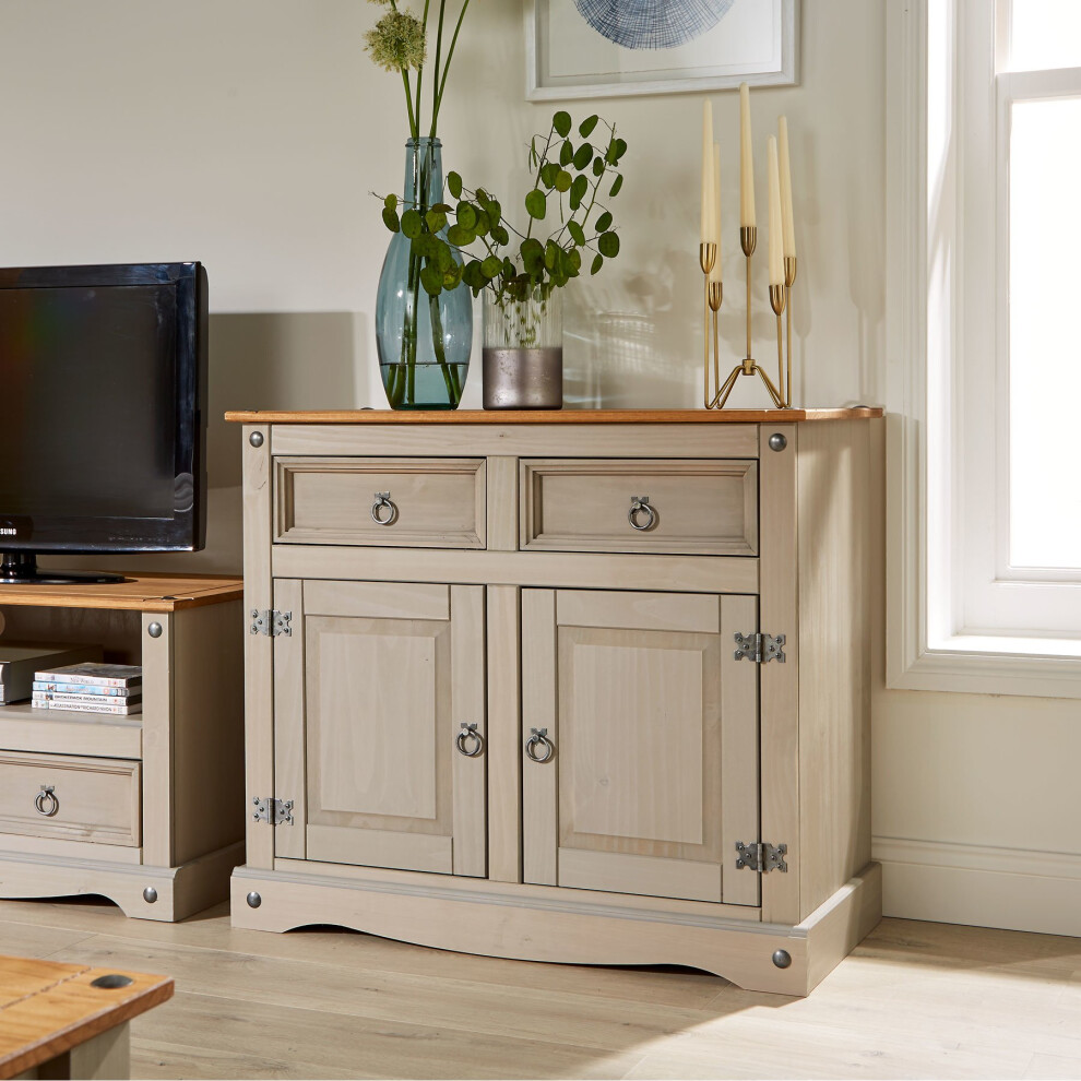 Corona Grey Storage Cupboard Solid Pine 2 Drawer 2 Door Wooden Cabinet