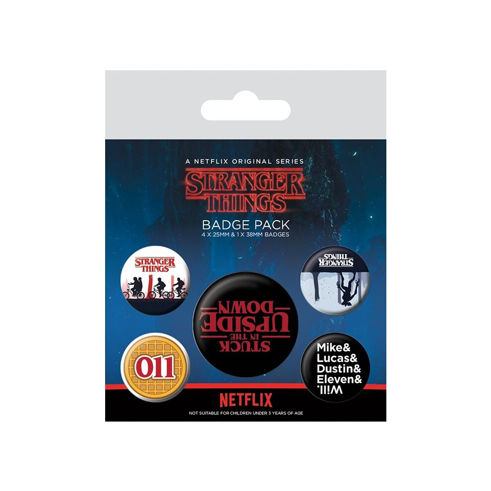 STRANGER THINGS Official Pin Backed Badge Pack UPSIDE DOWN