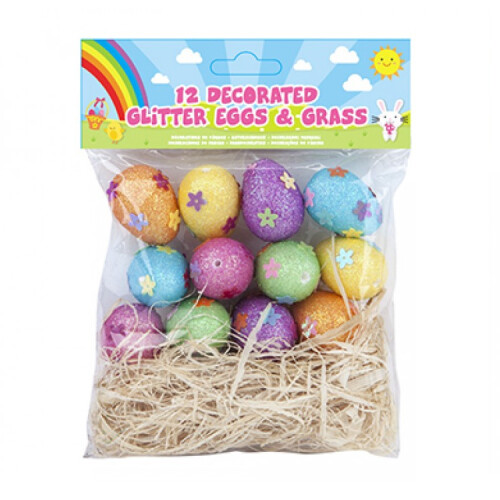 12 Decorated Glitter Eggs & Grass Straw For Easter Bonnet Craft