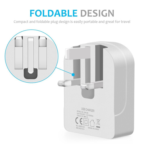 (White) Ameego Folding Dual USB Plug | Dual USB Wall Charger 2