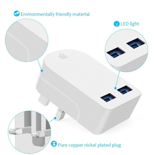 (White) Ameego Folding Dual USB Plug | Dual USB Wall Charger 1