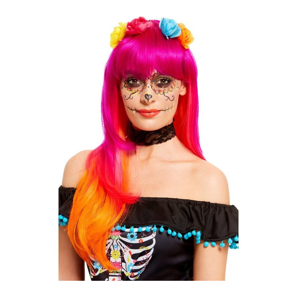 Smiffy's Womens Day Of The Dead Wig Halloween Fancy Dress Accessory Multicoloured