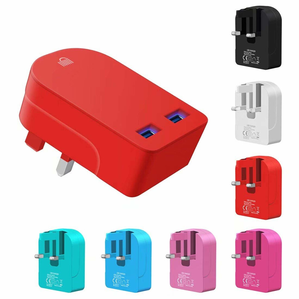 (Red) Ameego Folding Dual USB Plug | Dual USB Wall Charger