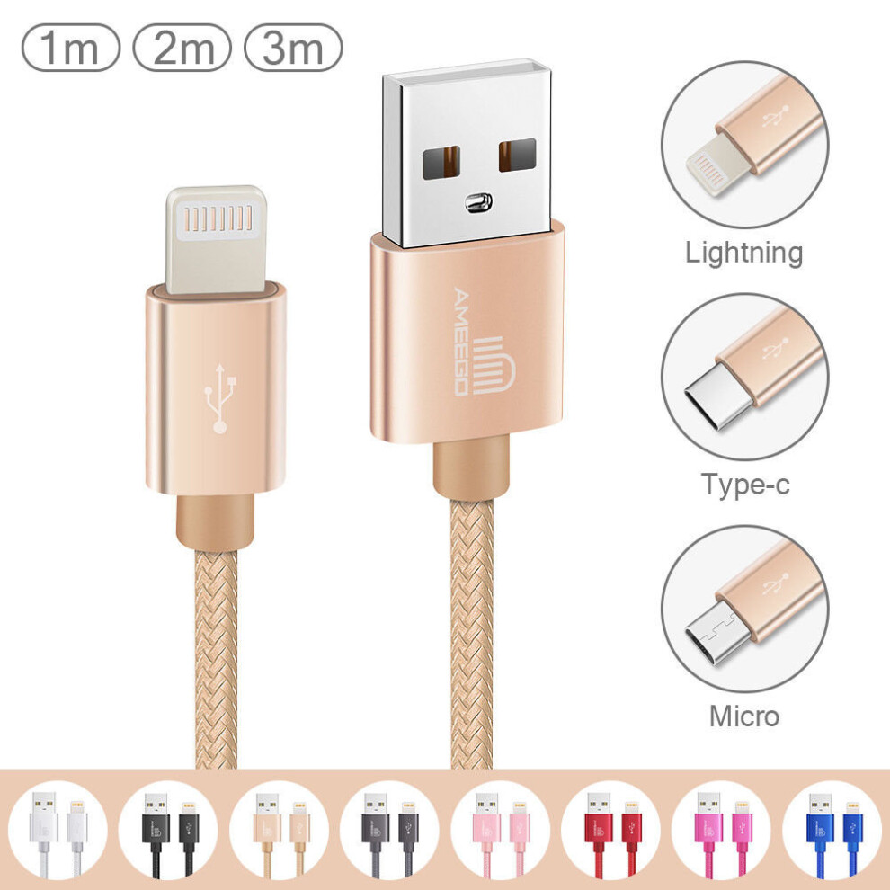 (2 metre, Gold) Ameego Braided 8 pin Cable | Heavy-Duty Charger