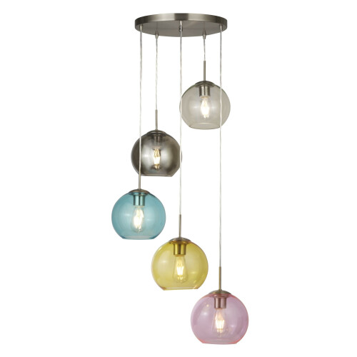Searchlight Searchlight Mardi Gras 5 Light Pendant Satin Silver With Multi Coloured Glass