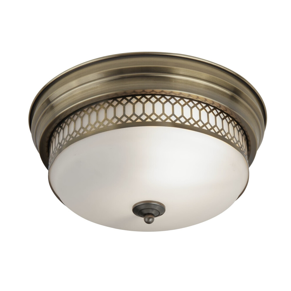 Searchlight Edinburgh 2 Light Flush Antique Brass With Opal Glass. Ip44