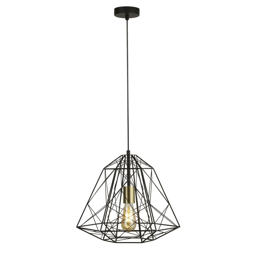 Searchlight Geometric Cage 1 Light Pendant Matt Black With Satin Brass