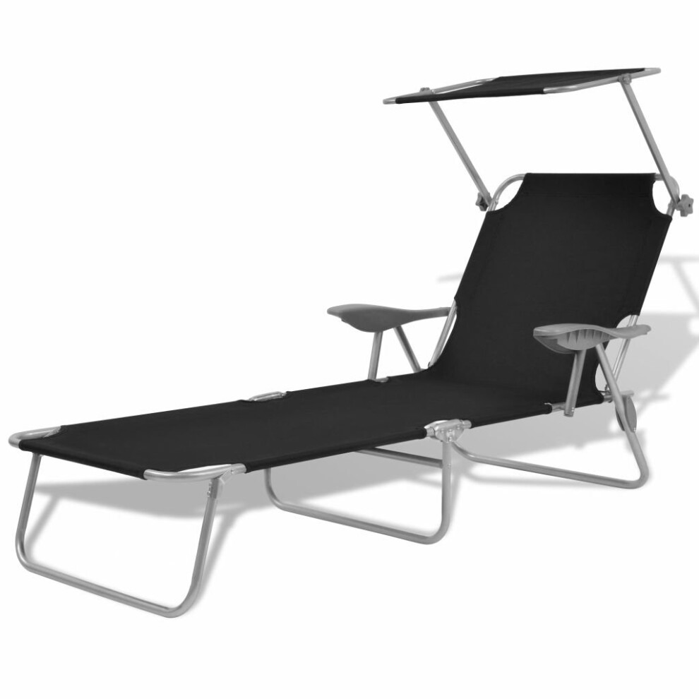 vidaXL Outdoor Sun Lounger with Canopy Patio Furniture Black Steel 58x189x27 cm