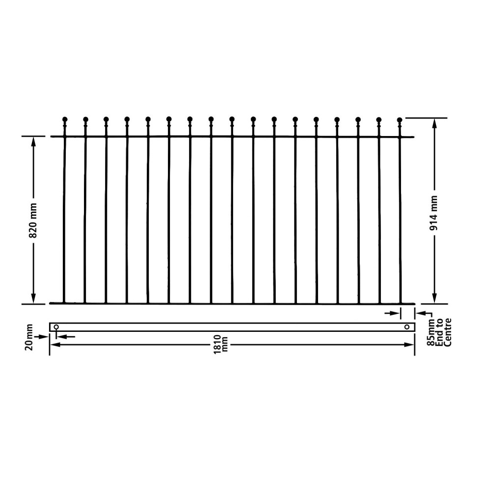 (1830mm GAP X 915mm High Galvanised) Manor Ball Top Fence Fencing Metal Wrought Iron