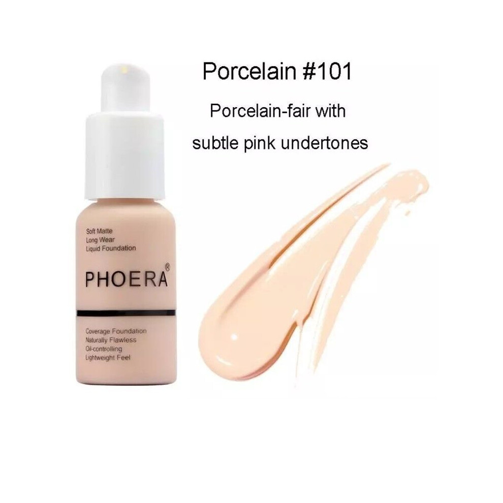 (101 - Porcelain) Phoera Full Coverage Liquid Matte Foundation - 30ml