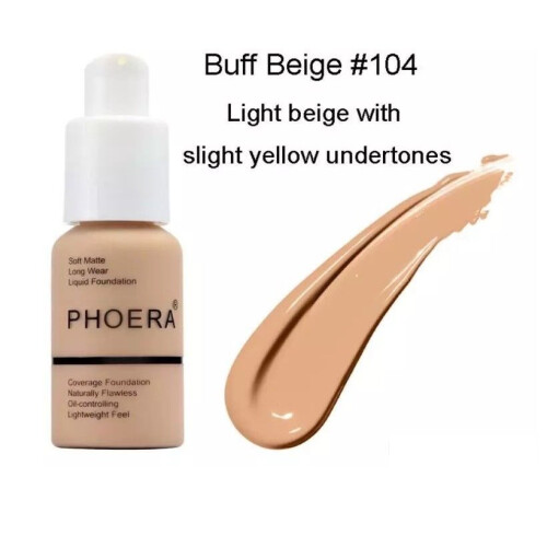 (104 - Buff Beige) Phoera Full Coverage Liquid Matte Foundation - 30ml