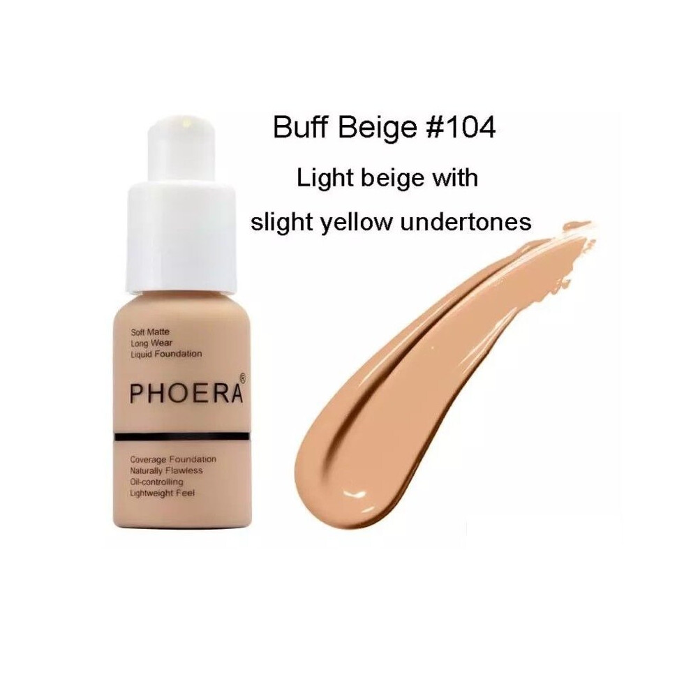 (104 - Buff Beige) Phoera Full Coverage Liquid Matte Foundation - 30ml