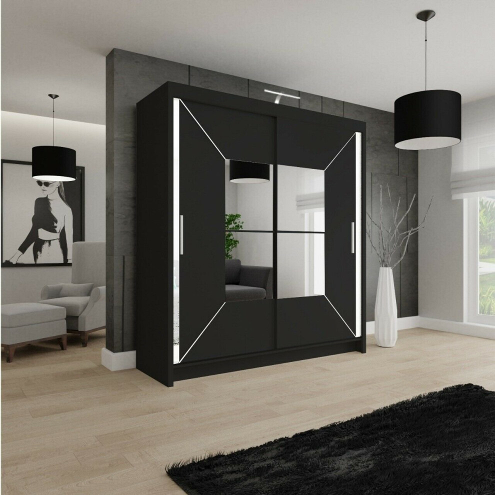 (120cm, Black) Nicole Double Mirror Sliding Door Wardrobe