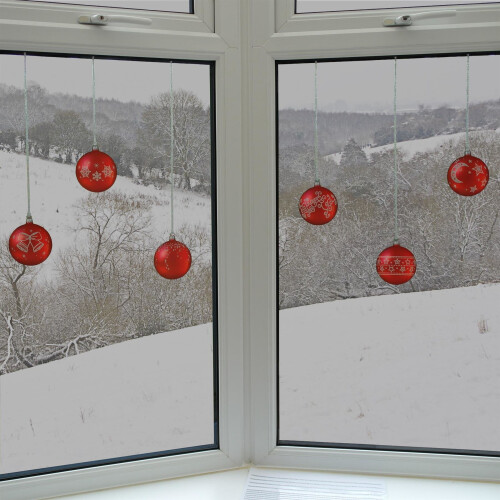 (Silver) Bauble Window Clings with Glitter Pattern & String