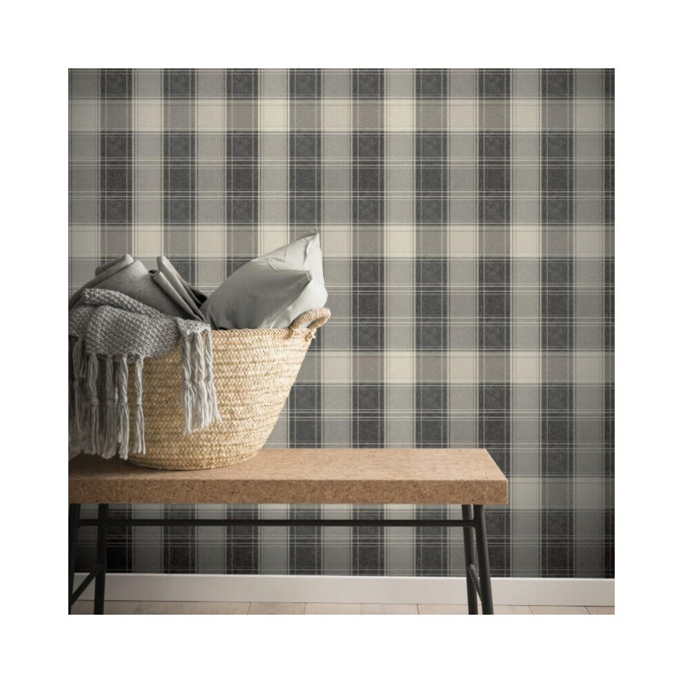 Check Grey Mono Chic Country Cottage Faux Fabric Wallpaper 906703