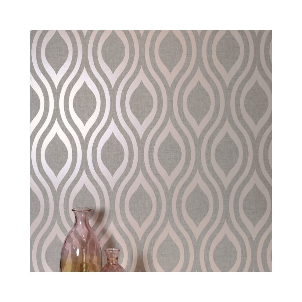Luxe Ogee Geo Wave Metallic Textured Vinyl Retro Wallpaper 910201