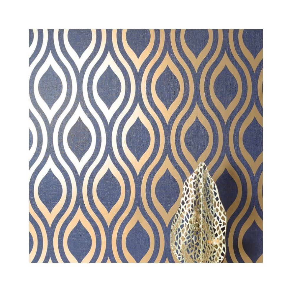 Luxe Ogee Geo Wave Metallic Textured Vinyl Retro Wallpaper 910203