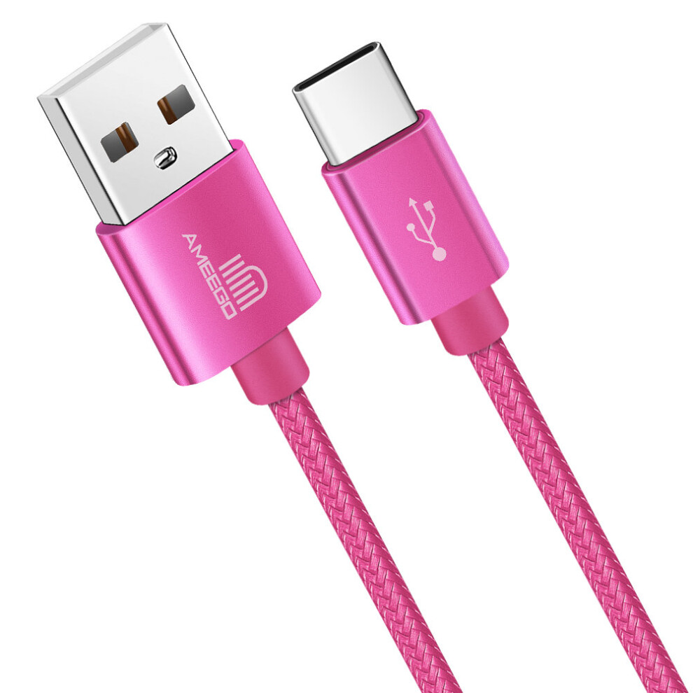 (1 metre, Hot Pink) Heavy Duty Braided Fast Charge USB-C Type C Data Charger Charging Cable 1m 2m 3m - 10 Colours