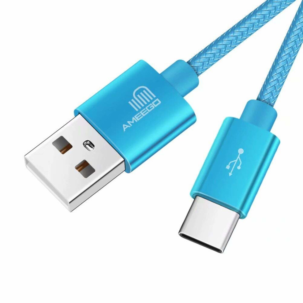 (2 metre, Light Blue) Heavy Duty Braided Fast Charge USB-C Type C Data Charger Charging Cable 1m 2m 3m - 10 Colours