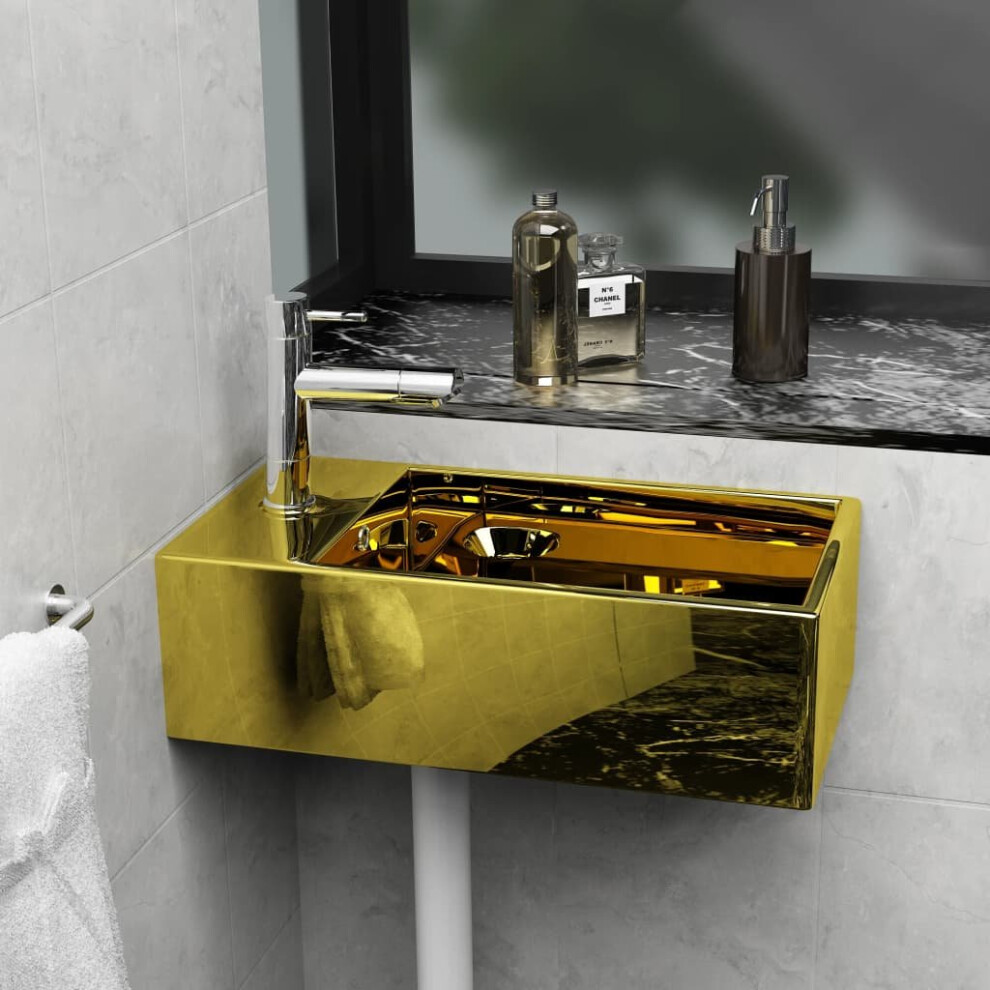 vidaXL Wash Basin with Overflow 49x25x15cm Ceramic Gold Sink Wash Bowl Unit