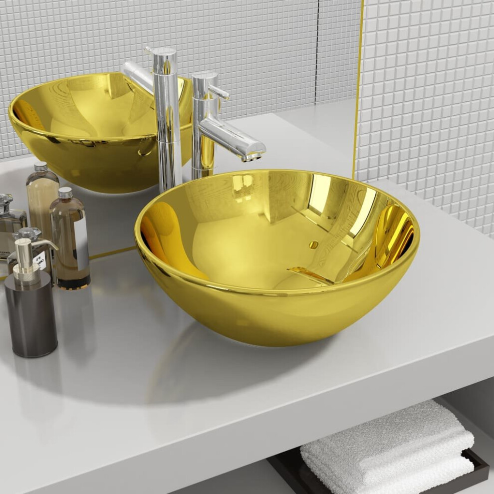 vidaXL Wash Basin 32.5x14cm Ceramic Gold Above Bathroom Sink Wash Bowl Unit