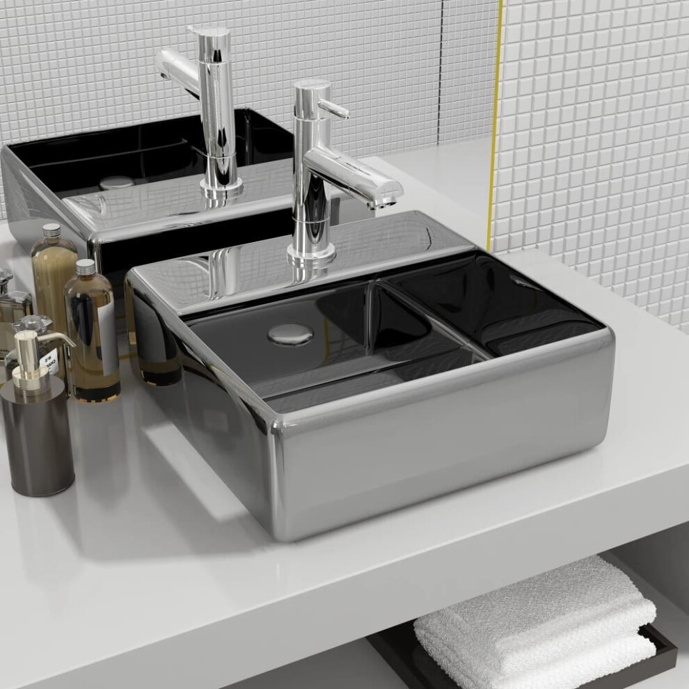 vidaXL Wash Basin Faucet Hole 38x30x11.5 cm Ceramic Silver Bathroom Home Bow