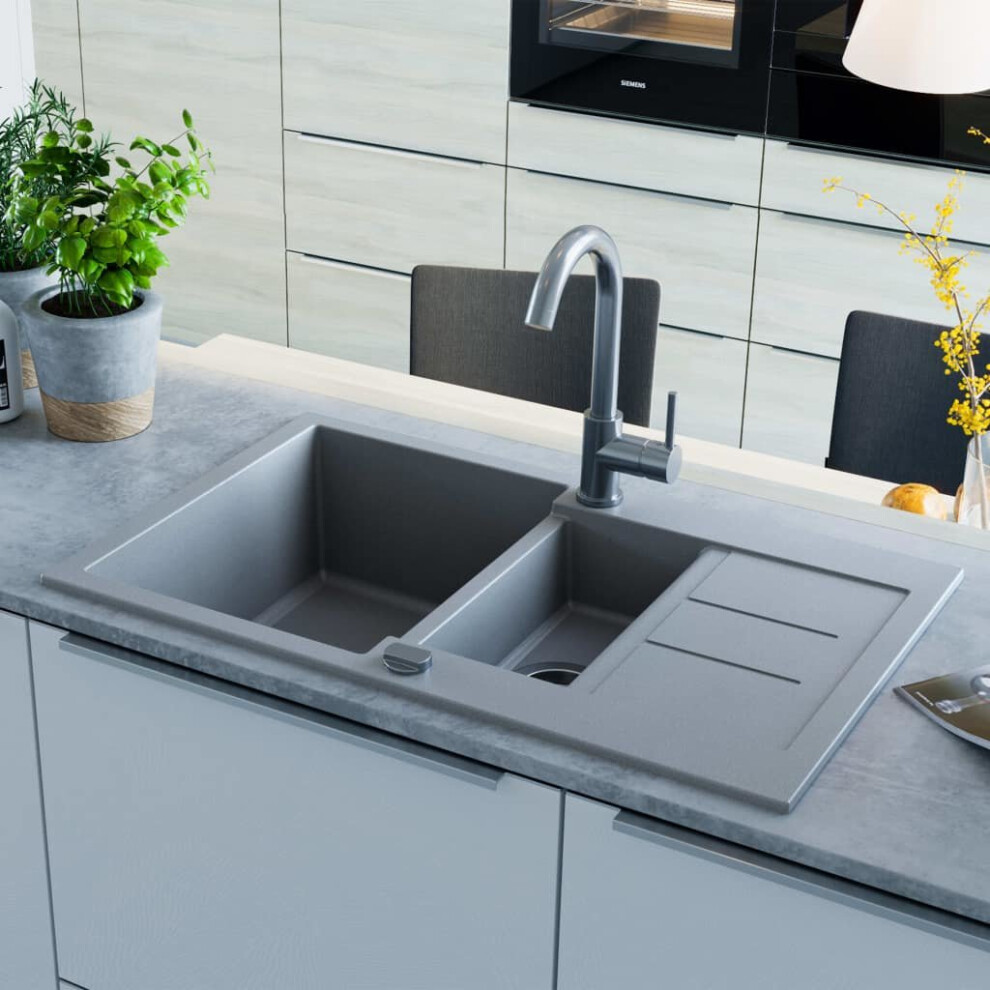 vidaXL Granite Kitchen Sink Double Basin Grey Overmount with Basket Strainer