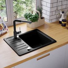 vidaXL Granite Kitchen Sink Single Basin Black Overmount with Basket Strainer