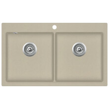 vidaXL Granite Kitchen Sink Double Basins Beige Basket Strainer Basin Bowl