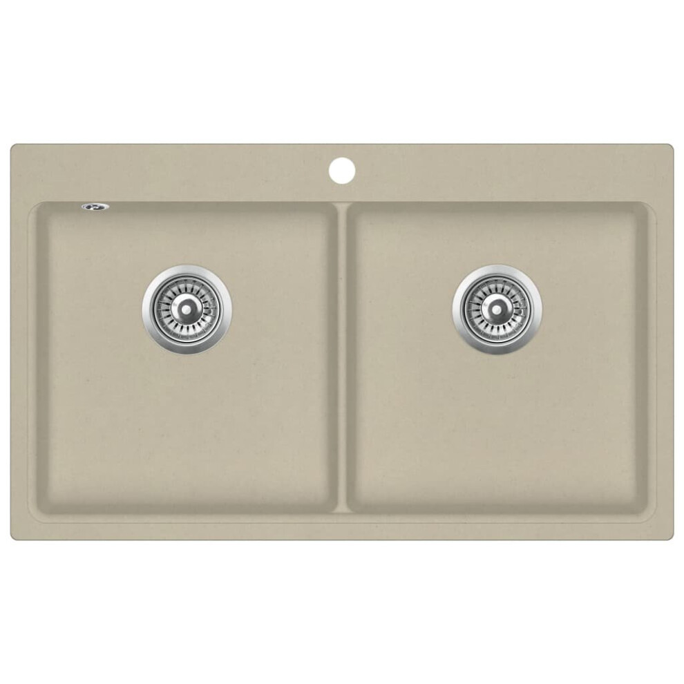 Vidaxl Granite Kitchen Sink Double Basins Beige Basket Strainer Basin Bowl Cream