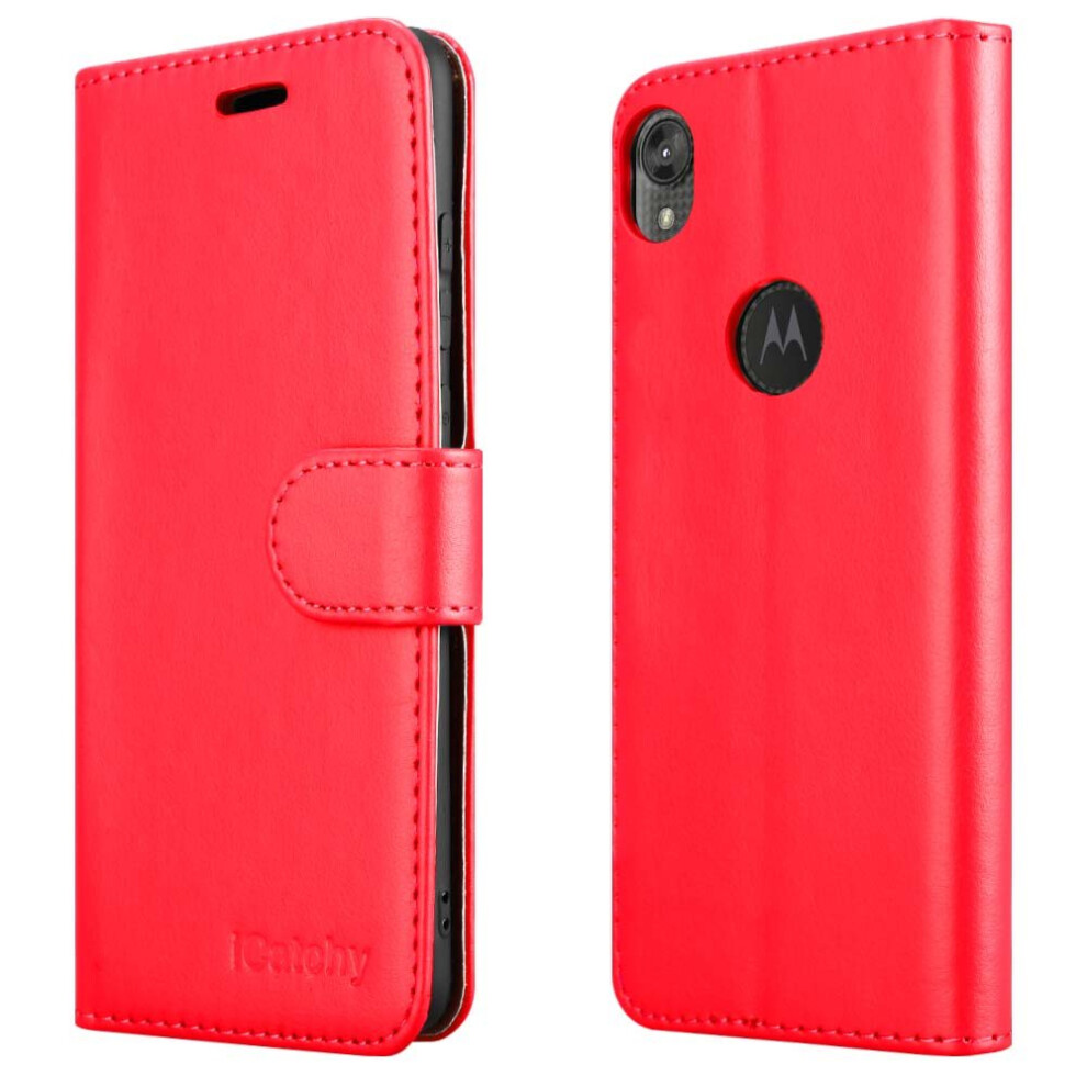 (Red) For Motorola Moto E6 Wallet Book Card Case Cover Red 5056298005055