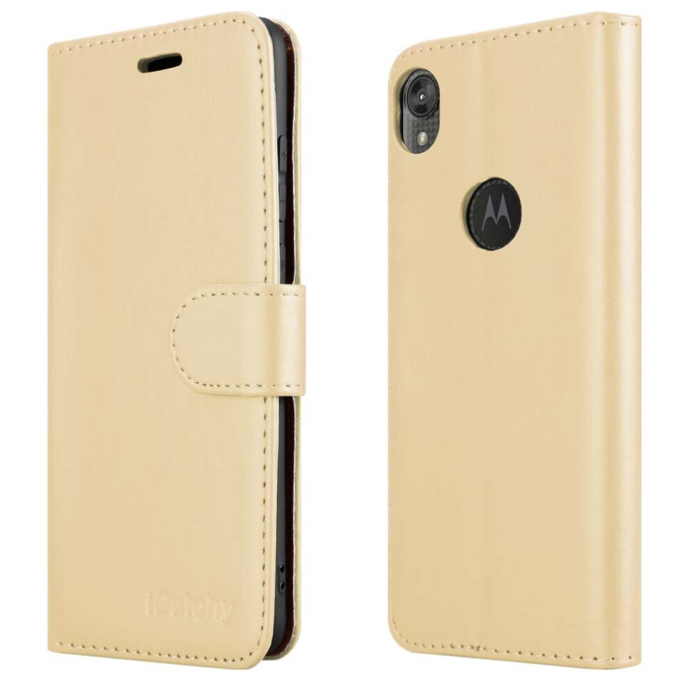 (Gold) For Motorola Moto E6 Wallet Book Card Case Cover Gold 5056298005093