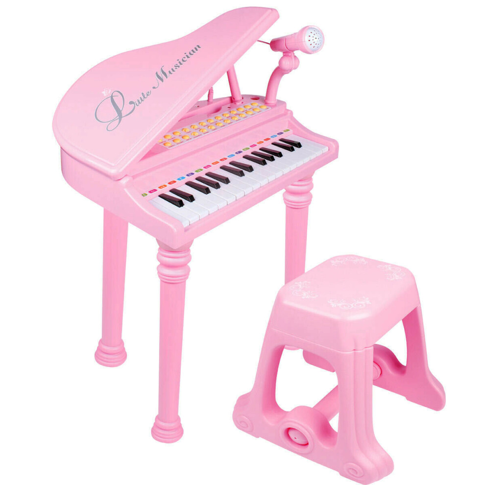 (Pink) The Magic Toy Shop Childs Electronic Keyboard Grand Piano Musical Instrument Toy Microphone & Stool