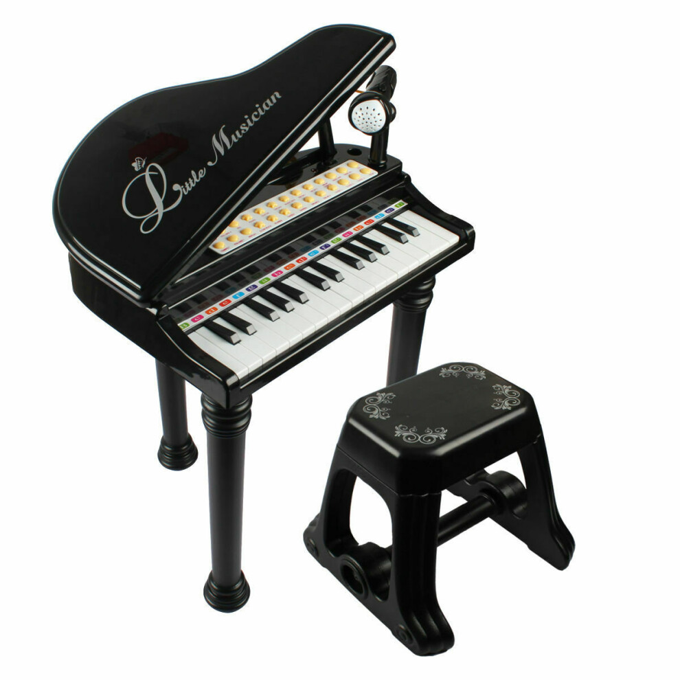 The Magic Toy Shop (Black) Childs Electronic Keyboard Grand Piano Musical Instrument Toy Microphone & Stool Black