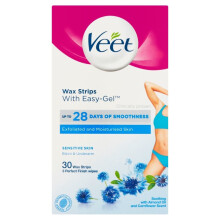 Veet Bikini & Underarm Hair Removal 30 Wax Strips Sensitive Skin Finish Wipes