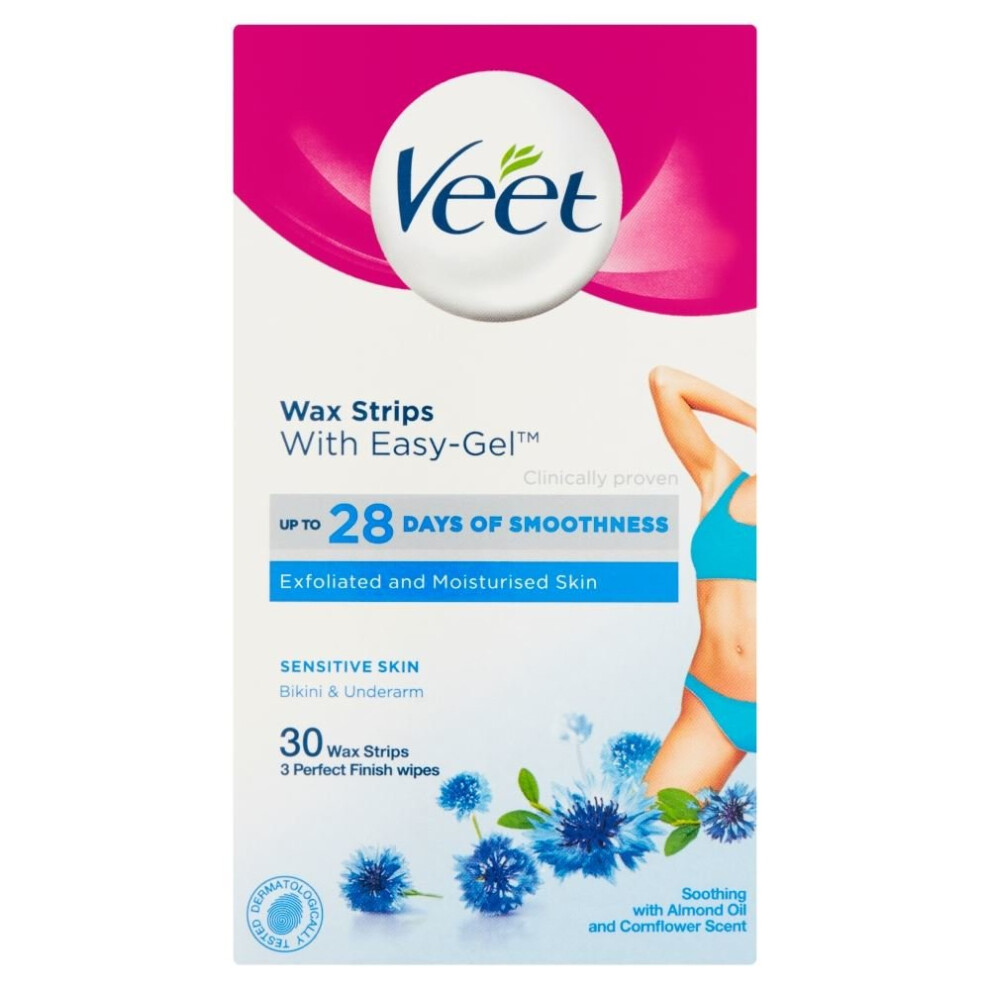 Veet Bikini & Underarm Hair Removal 30 Wax Strips Sensitive Skin Finish Wipes