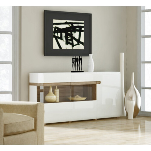 Large Sideboard 3 Door Cupboard Storage Unit Glass Display Cabinet Buffet White