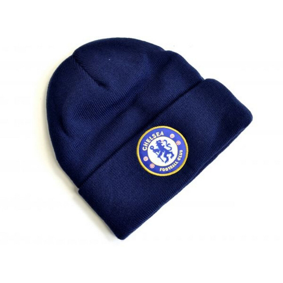 (One Size, Navy Blue) Chelsea FC Knitted Crest Turn Up Hat