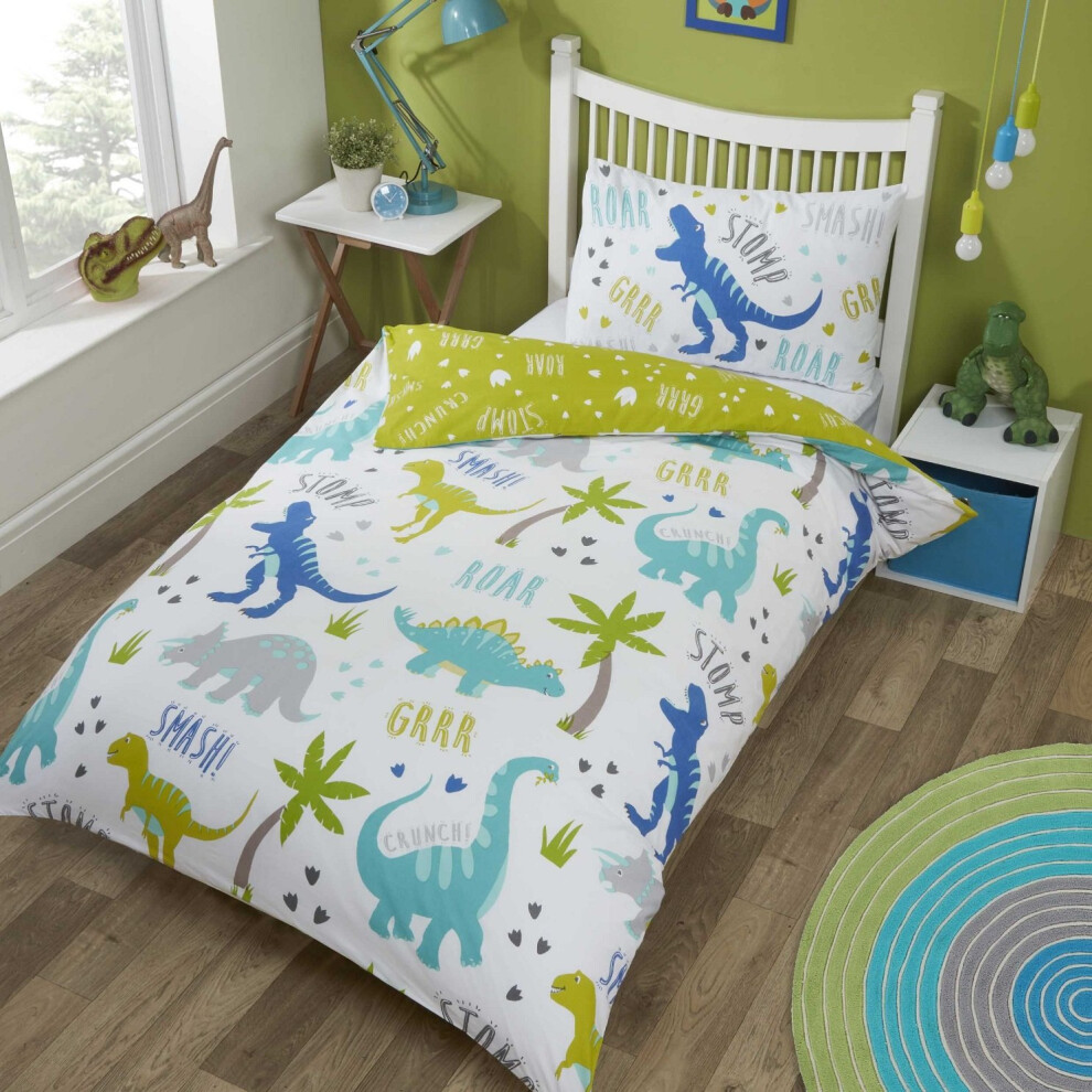 Dinosaurs Duvet Cover T-Rex Kids Boys Single Bed Quilt Bedding Set Green & Blue